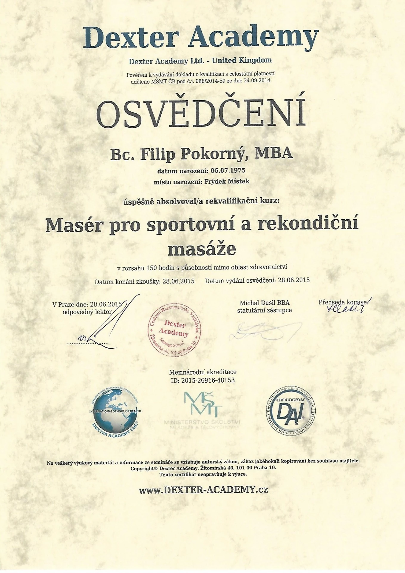 Masér pro sportovní a rekondiční masáže — Dexter Academy, akreditace MŠMT ČR